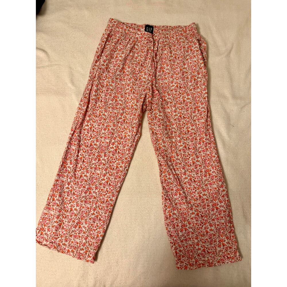 GAP Floral Cropped Wide Leg Pants Medium White Pink Drawstring Loungewear